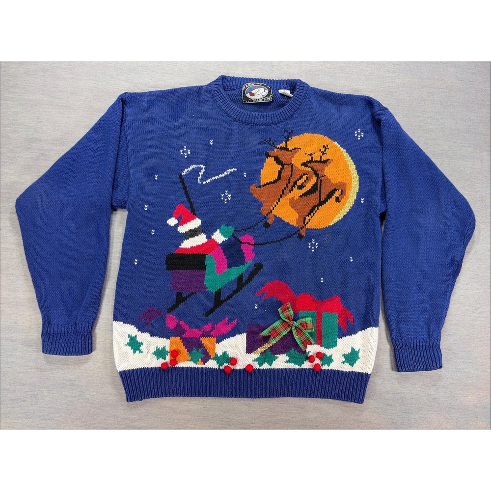 Vintage Holiday Traditions Christmas Sweater Women's Large Santa Sleigh Blue